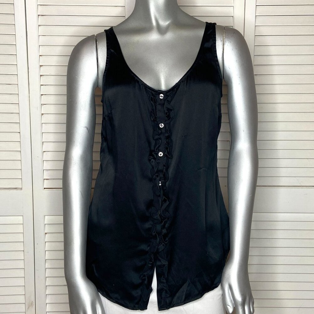 Martin + Osa Black 100% Silk Sleeveless Button Front Ruffled Scoop Neck Blouse 6